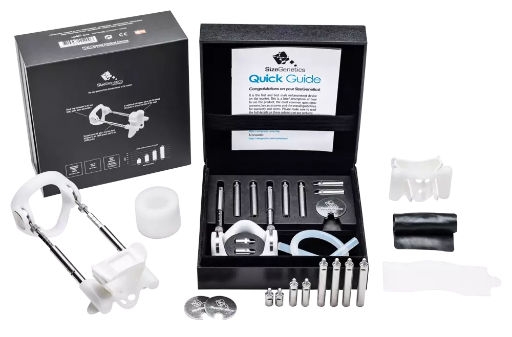 SizeGenetics Comfort Package with box, quick guide, metal rods and comfort straps