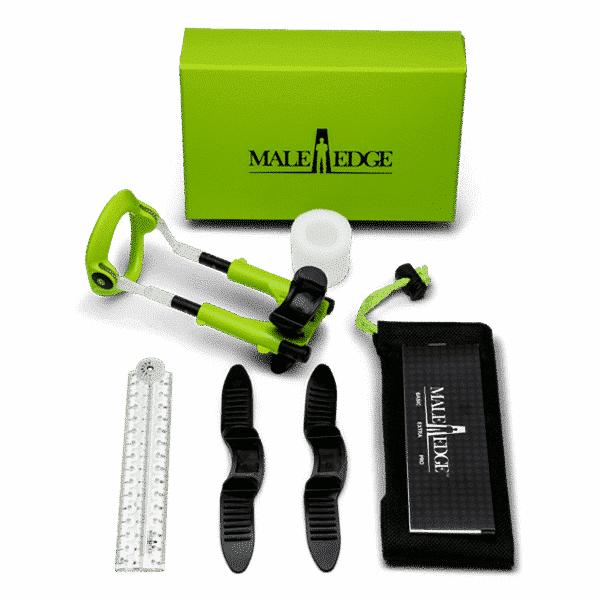 Male Edge Basic kit with green box, extender, ruler, comfort pads and pouch