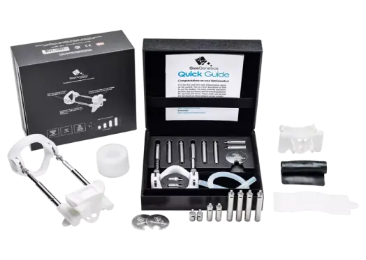 SizeGenetics extender kit with black box, quick guide, metal rods and white comfort parts