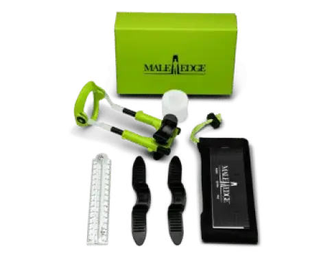 Male Edge extender kit with green box, ruler, comfort pads and pouch