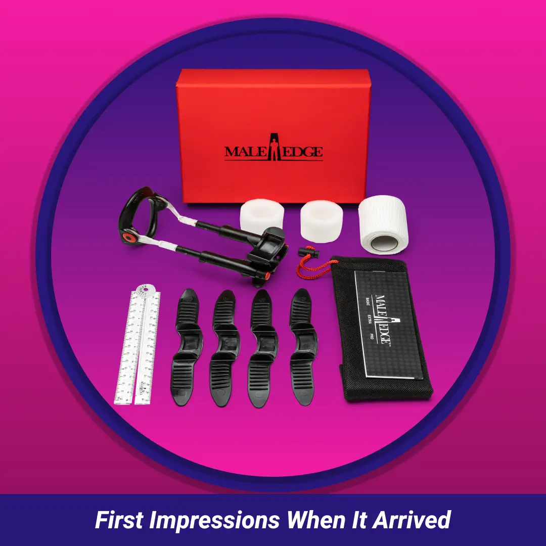First Impressions When It Arrived: Male Edge kit with red box, extender, ruler and pads