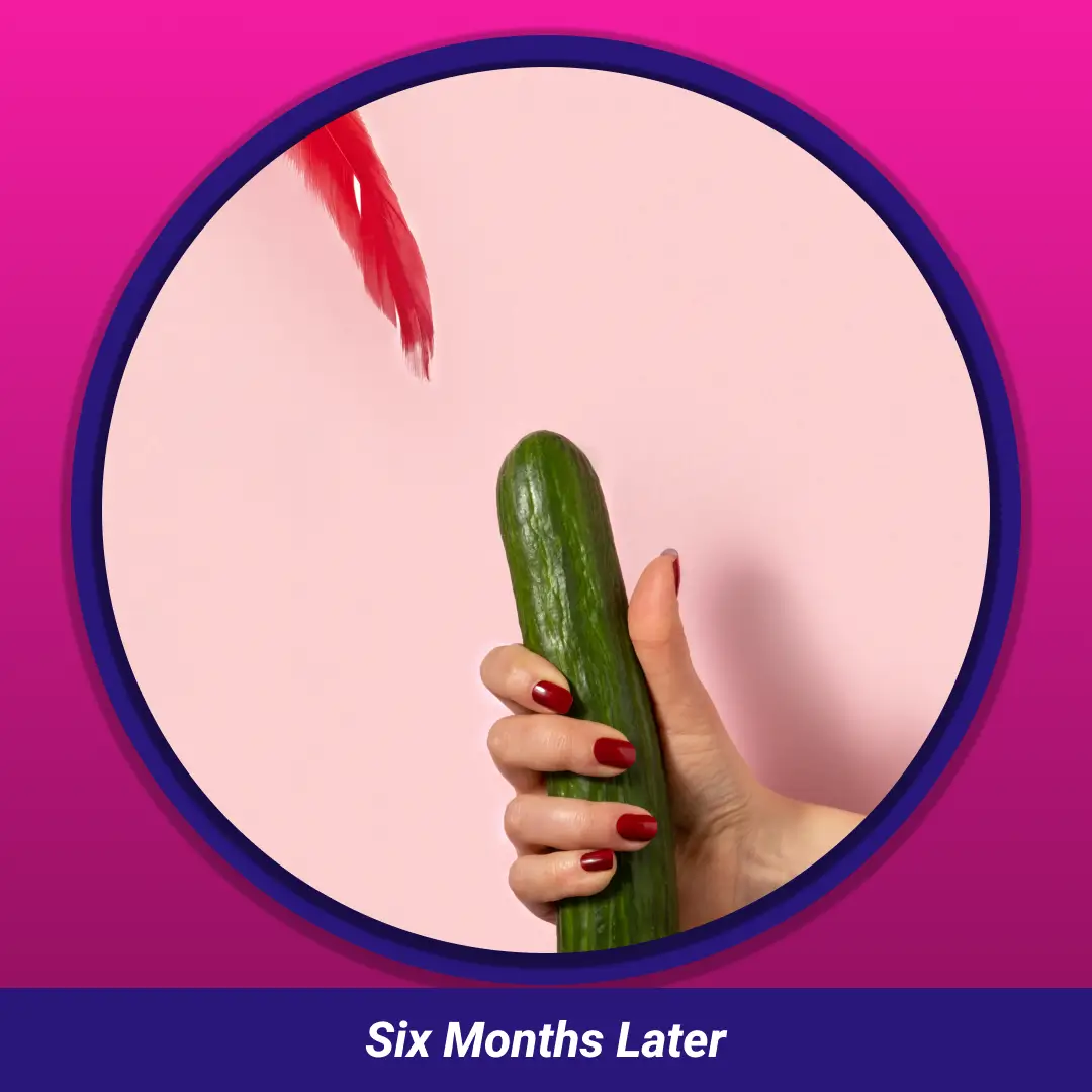 Six Months Later: hand with red nails holding a cucumber