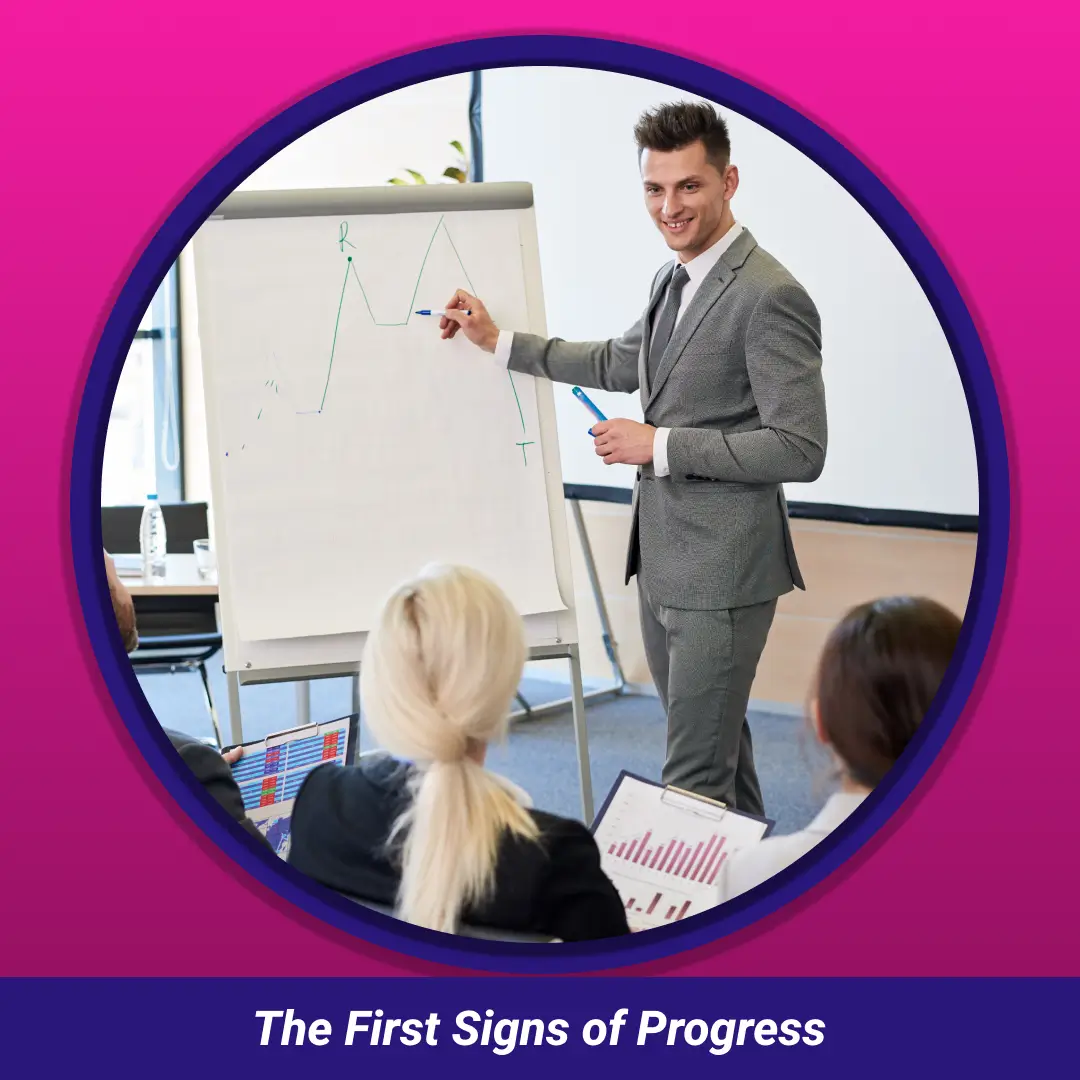 The First Signs of Progress: man in suit presenting a rising chart on a flip board